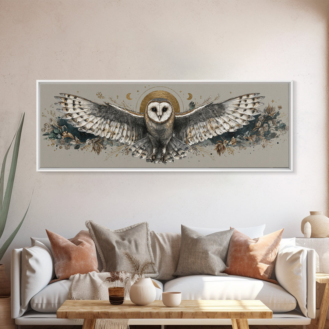 Owl with Moonlit Feathers and Celestial Accents Framed Canvas Print, Animal Art, Oil Painting, Living Room Decor, Creature, ANI-3x1-79