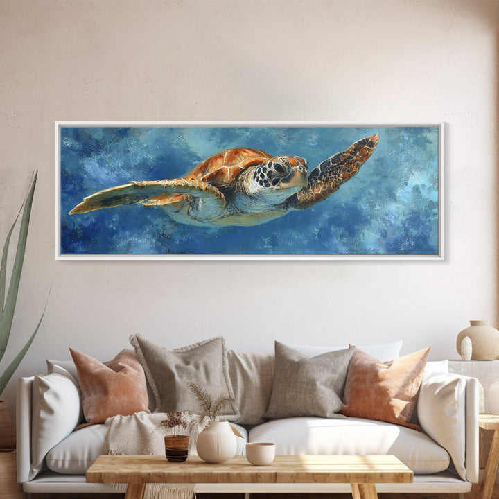 Sea Turtle Drifting Through Luminous Blue Water Framed Canvas Print, Animal Art, Nursery Decor, Living Room Decor, Creature, ANI-3x1-82