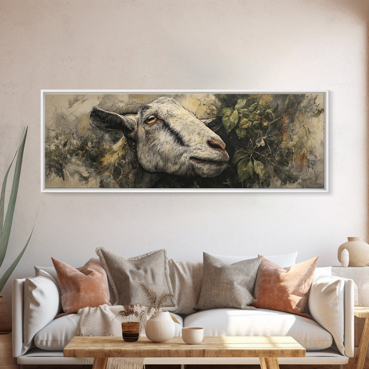 Goat Portrait with Rustic Folk Art Personality Canvas Print, Animal Art, Boho Wall Art, Living Room Decor, Oil Painting, ANI-3x1-85