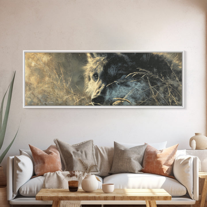 Wolf Silhouette Beneath a Star Filled Sky Canvas Print, Animal Art, Living Room Decor, Watercolor Art, Creature, ANI-3x1-86