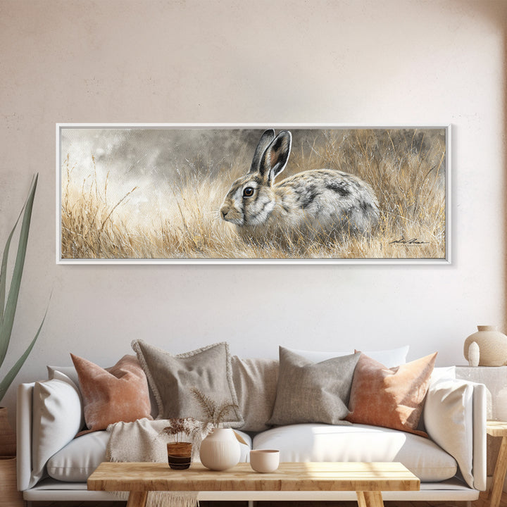 Curious Rabbit in a Soft Watercolor Meadow Canvas Print, Animal Art, Downloadable Art, Living Room Decor, Oil Painting, ANI-3x1-93