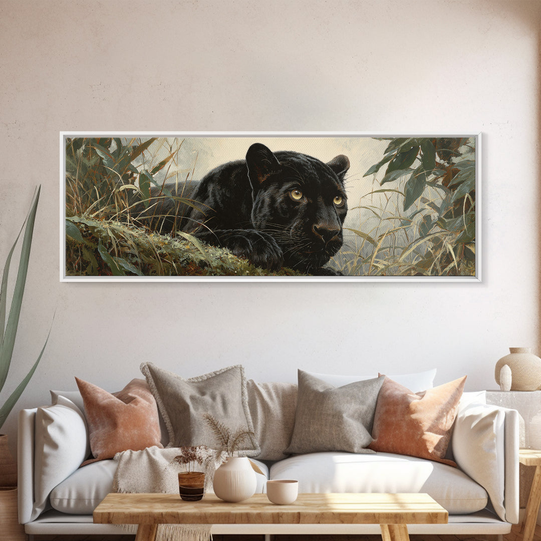Dramatic Black Panther Emerging from Deep Jungle Canvas Print, Animal Art, Printable Art, Living Room Decor, Watercolor Art, ANI-3x1-94