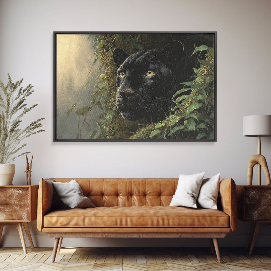 Dramatic Black Panther Emerging from Deep Jungle Canvas Print, Animal Art, Digital Wall Art, Living Room Decor, Creature, ANI-3x2-10