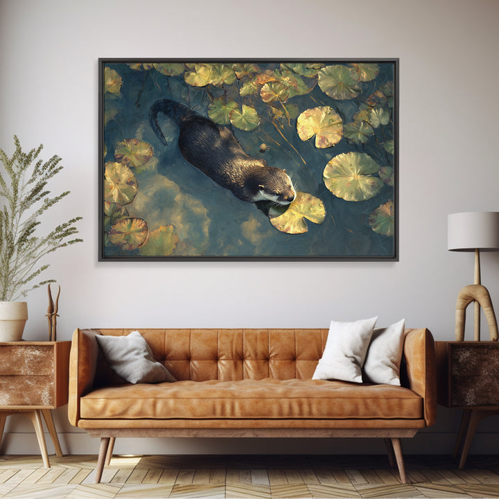 Playful Otter Floating Among Lily Pads Canvas Print, Animal Art, Nursery Decor, Living Room Decor, Fine Art, Creature, ANI-3x2-12