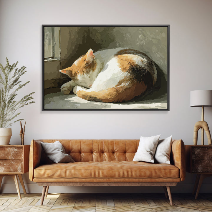 Sleeping Cat Curled Canvas Print, Animal Art, Art Deco, Living Room Decor, Watercolor Art, Creature, Cat Art, ANI-3x2-16