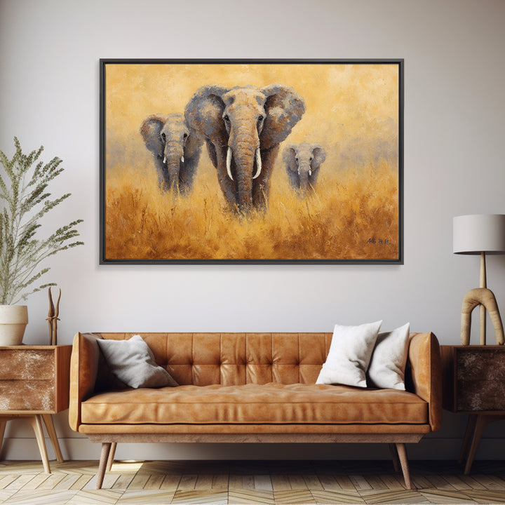 Elephant Family Walking Through Dusty Golden Light Framed Canvas Print, Animal Art, Printable, Living Room Decor, Creature, ANI-3x2-18