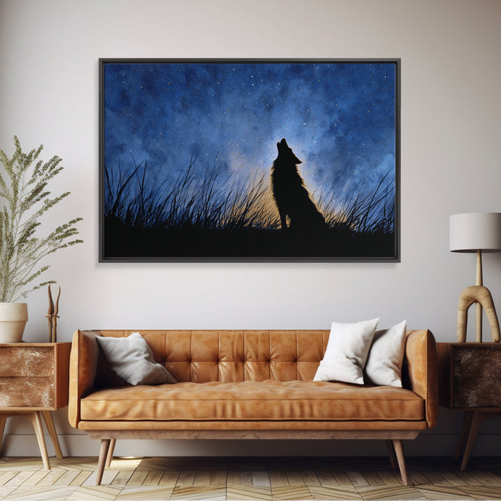 Wolf Silhouette Beneath a Star Filled Sky Framed Canvas Print, Animal Art, Decor, Living Room Decor, Fine Art, Creature, ANI-3x2-2