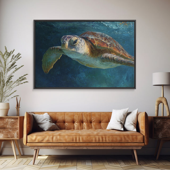 Sea Turtle Drifting Through Luminous Blue Water Canvas Print, Animal Art, Living Room Decor, Oil Painting, Creature, ANI-3x2-22