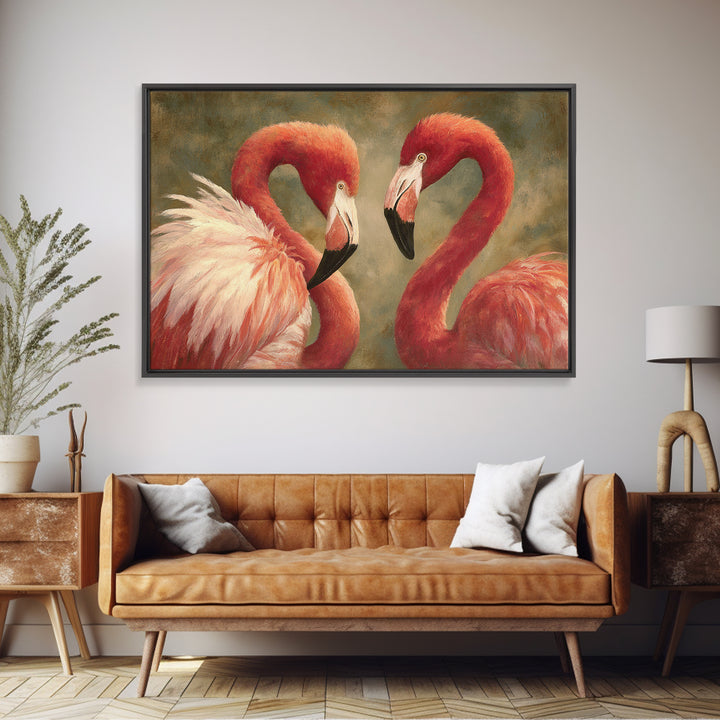 Flamingo Pair in Elegant Coral and Cream Framed Canvas Print, Animal Art, Digital Print, Living Room Decor, Fine Art, Creature, ANI-3x2-23