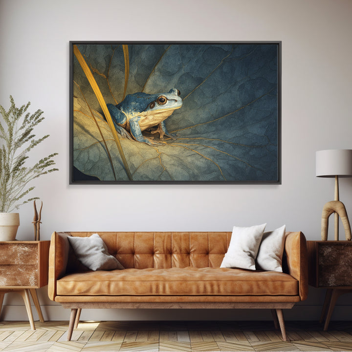 Frog on a Lotus Leaf Framed Canvas Print, Animal Art, Nursery Wall Art, Living Room Decor, Fine Art, Creature, Trendy Wall Art, ANI-3x2-24