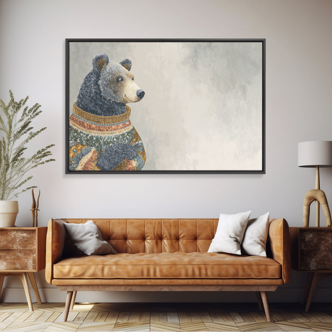 Whimsical Bear in a Patterned Sweater with Canvas Print, Animal Art, Digital Print, Living Room Decor, Fine Art, Creature, ANI-3x2-30