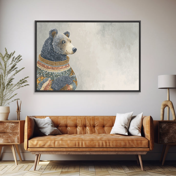 Whimsical Bear in a Patterned Sweater with Canvas Print, Animal Art, Digital Print, Living Room Decor, Fine Art, Creature, ANI-3x2-30