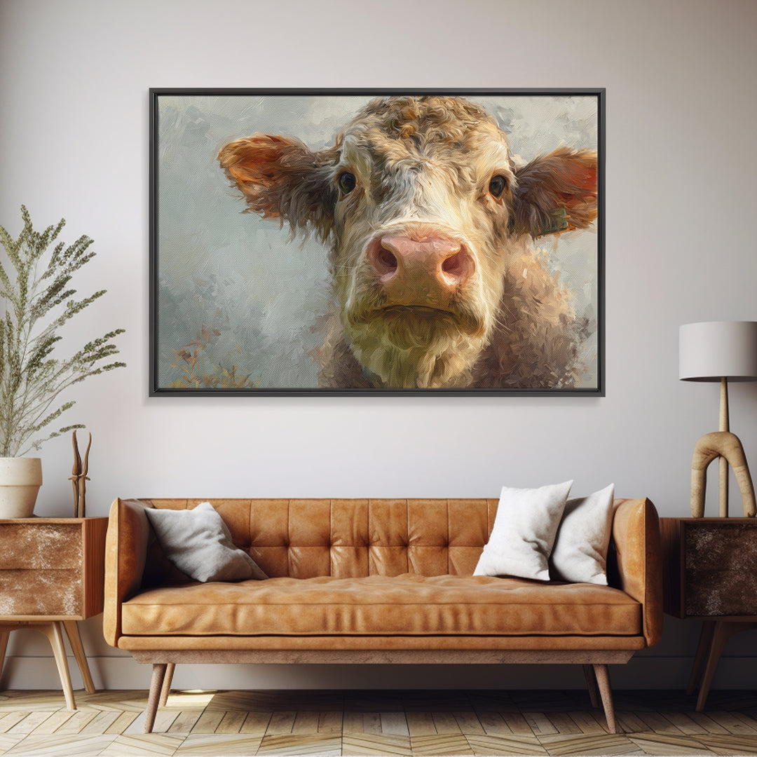 Gentle Cow Portrait Framed Canvas Print, Animal Art, Safari Nursery Decor, Living Room Decor, Oil Painting, Creature, ANI-3x2-35