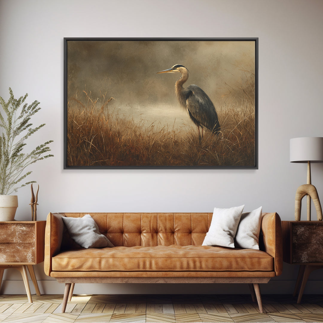 Blue Heron Standing Framed Canvas Print, Animal Art, Neutral Decor, Living Room Decor, Fine Art, Creature, Wall Art, Home Decor, ANI-3x2-39