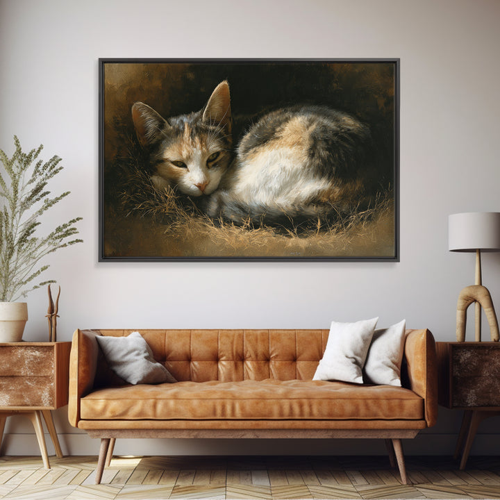 Sleeping Cat Curled Framed Canvas Print, Animal Art, Farmhouse Decor, Living Room Decor, Oil Painting, Creature, Neutral Decor, ANI-3x2-40