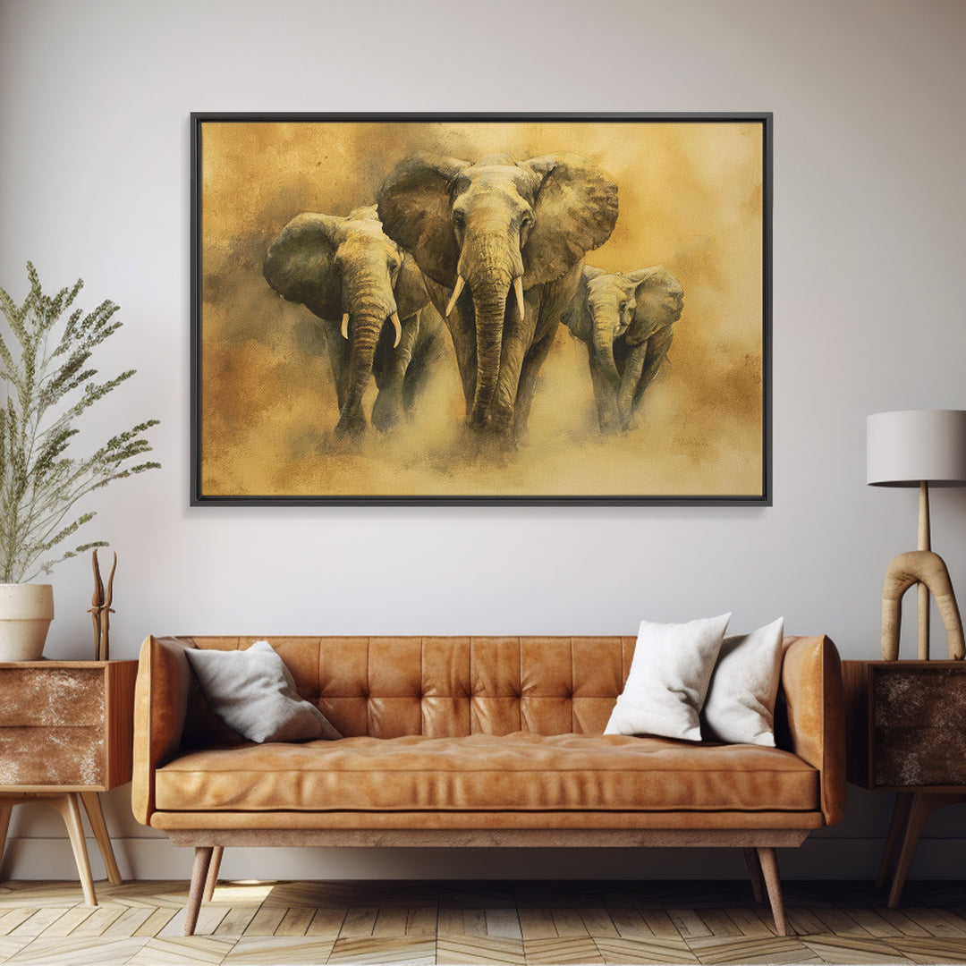 Elephant Family Walking Through Dusty Golden Light Canvas Print, Animal Art, Art Deco, Living Room Decor, Fine Art, Creature, ANI-3x2-42