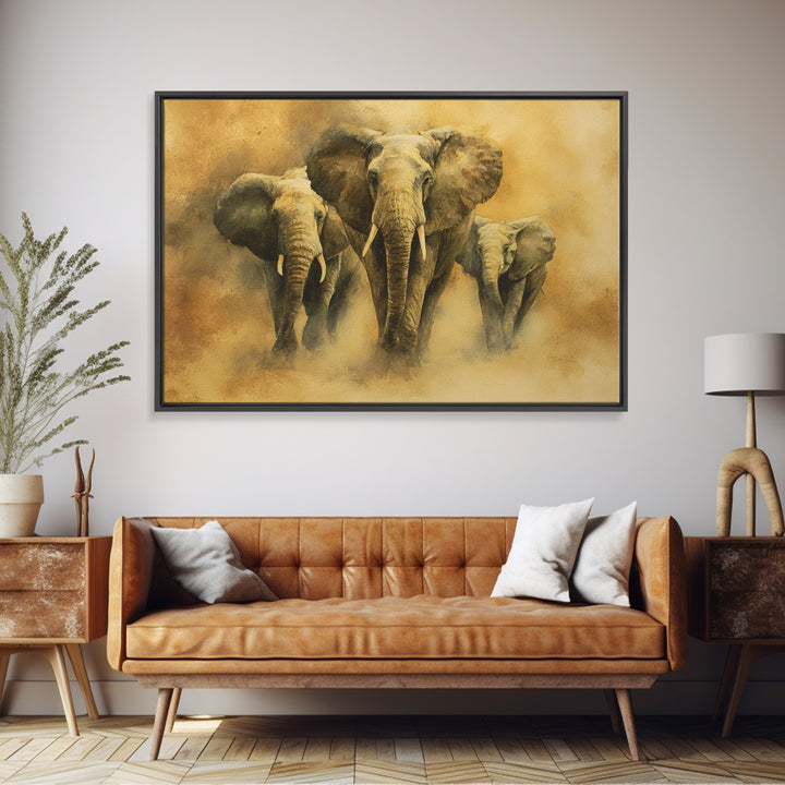 Elephant Family Walking Through Dusty Golden Light Canvas Print, Animal Art, Art Deco, Living Room Decor, Fine Art, Creature, ANI-3x2-42
