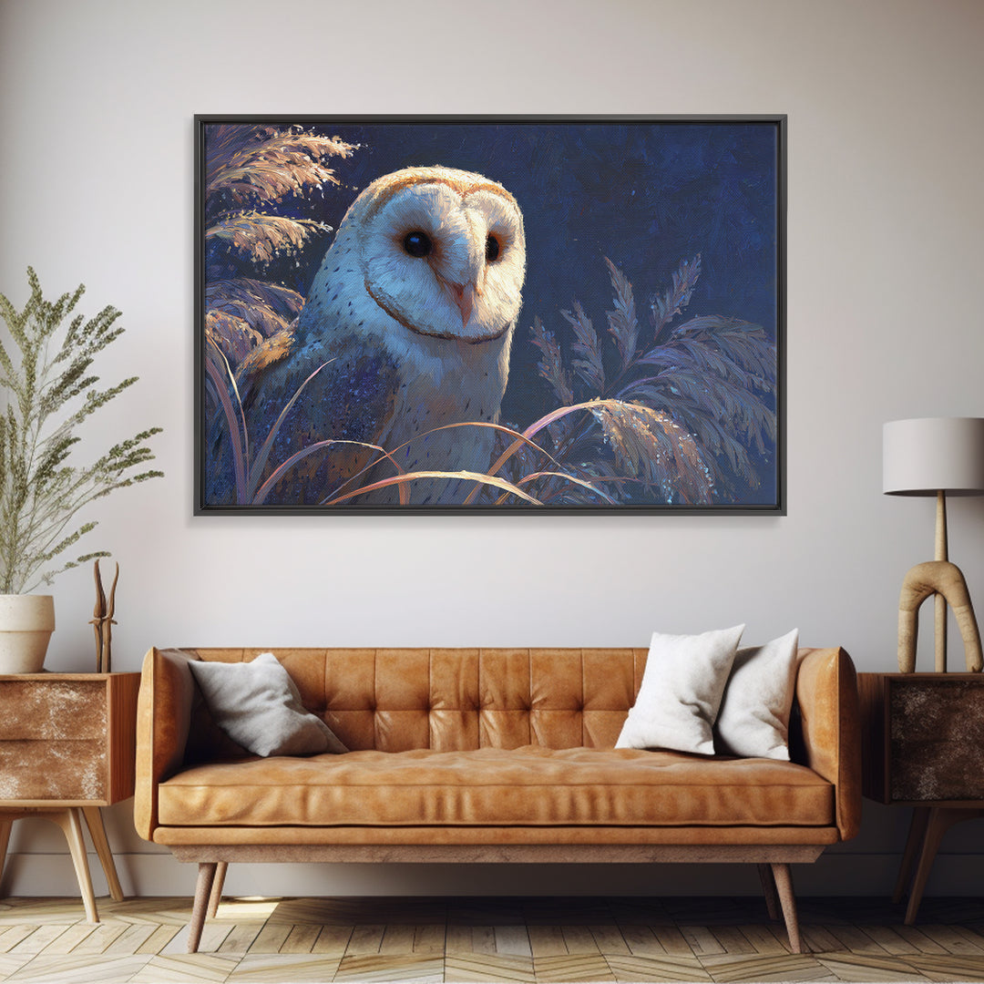Owl with Moonlit Feathers and Celestial Accents Canvas Print, Animal Art, Colorful Wall Art, Living Room Decor, Abstract Art, ANI-3x2-43