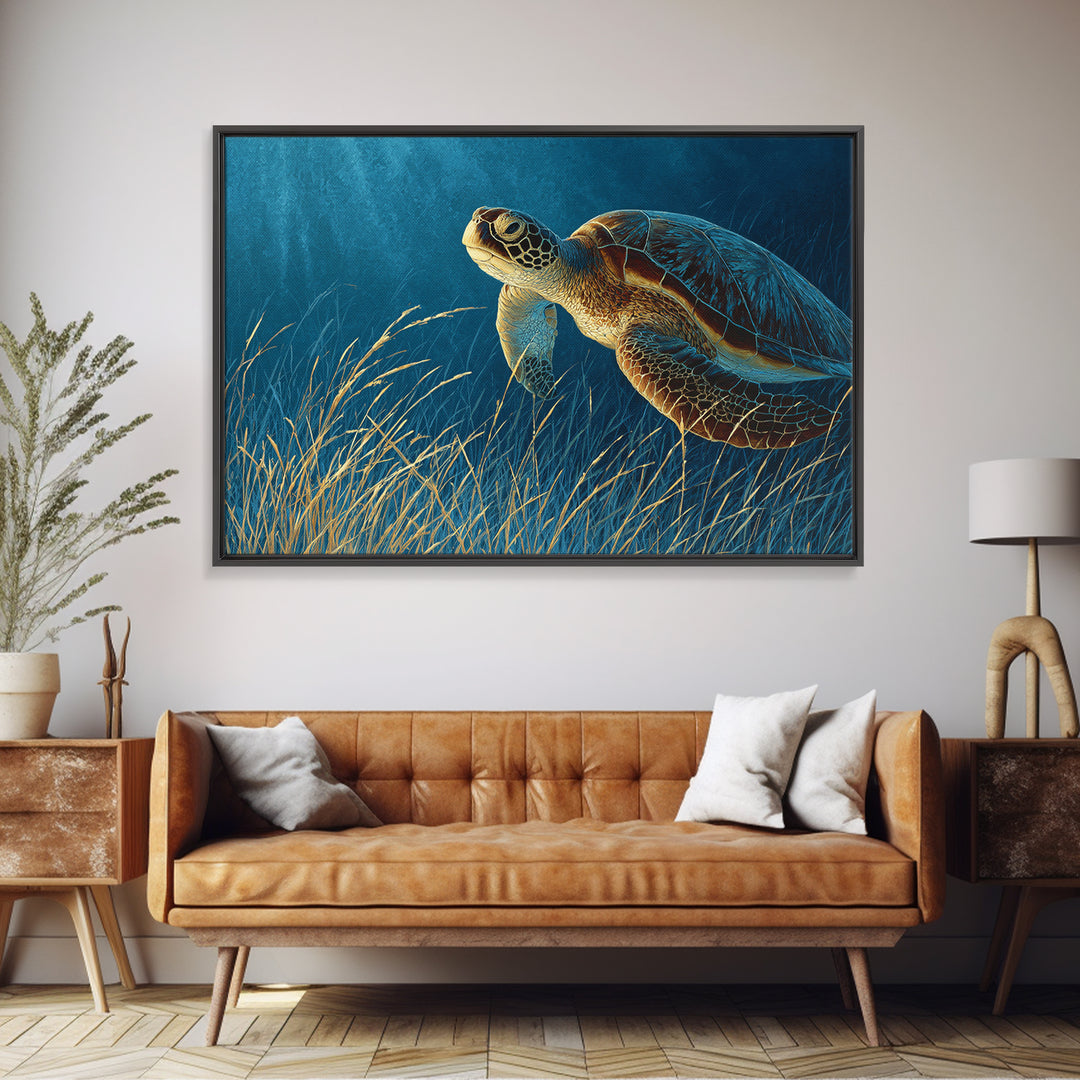 Sea Turtle Drifting Through Luminous Blue Water Framed Canvas Print, Animal Art, Original Art, Living Room Decor, Creature, ANI-3x2-46