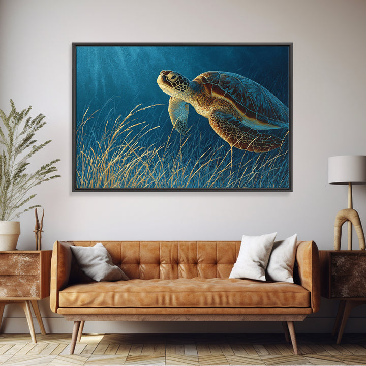 Sea Turtle Drifting Through Luminous Blue Water Framed Canvas Print, Animal Art, Original Art, Living Room Decor, Creature, ANI-3x2-46