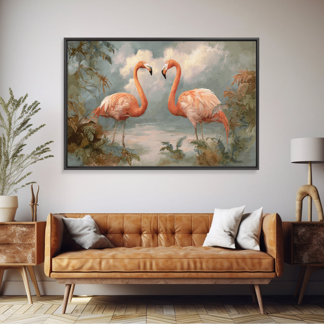 Flamingo Pair in Elegant Coral and Cream Framed Canvas Print, Animal Art, Room Decor, Living Room Decor, Oil Painting, Creature, ANI-3x2-47