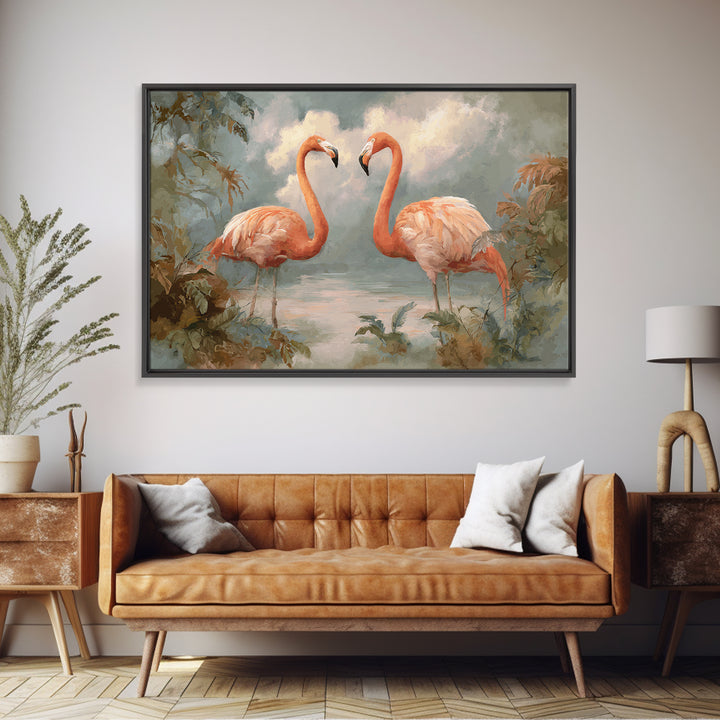 Flamingo Pair in Elegant Coral and Cream Framed Canvas Print, Animal Art, Room Decor, Living Room Decor, Oil Painting, Creature, ANI-3x2-47