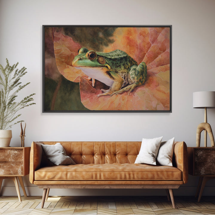 Frog on a Lotus Leaf Canvas Print, Animal Art, Living Room Decor, Fine Art, Creature, Fine Art Print, Statement Artwork, ANI-3x2-48
