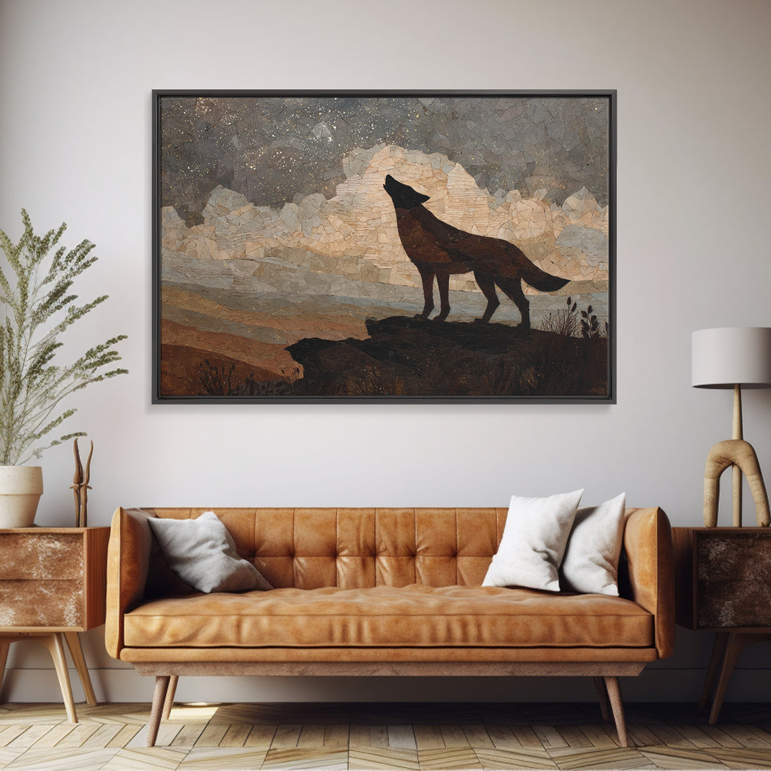 Wolf Silhouette Beneath a Star Filled Sky Framed Canvas Print, Animal Art, Nursery Wall Art, Living Room Decor, Oil Painting, ANI-3x2-50