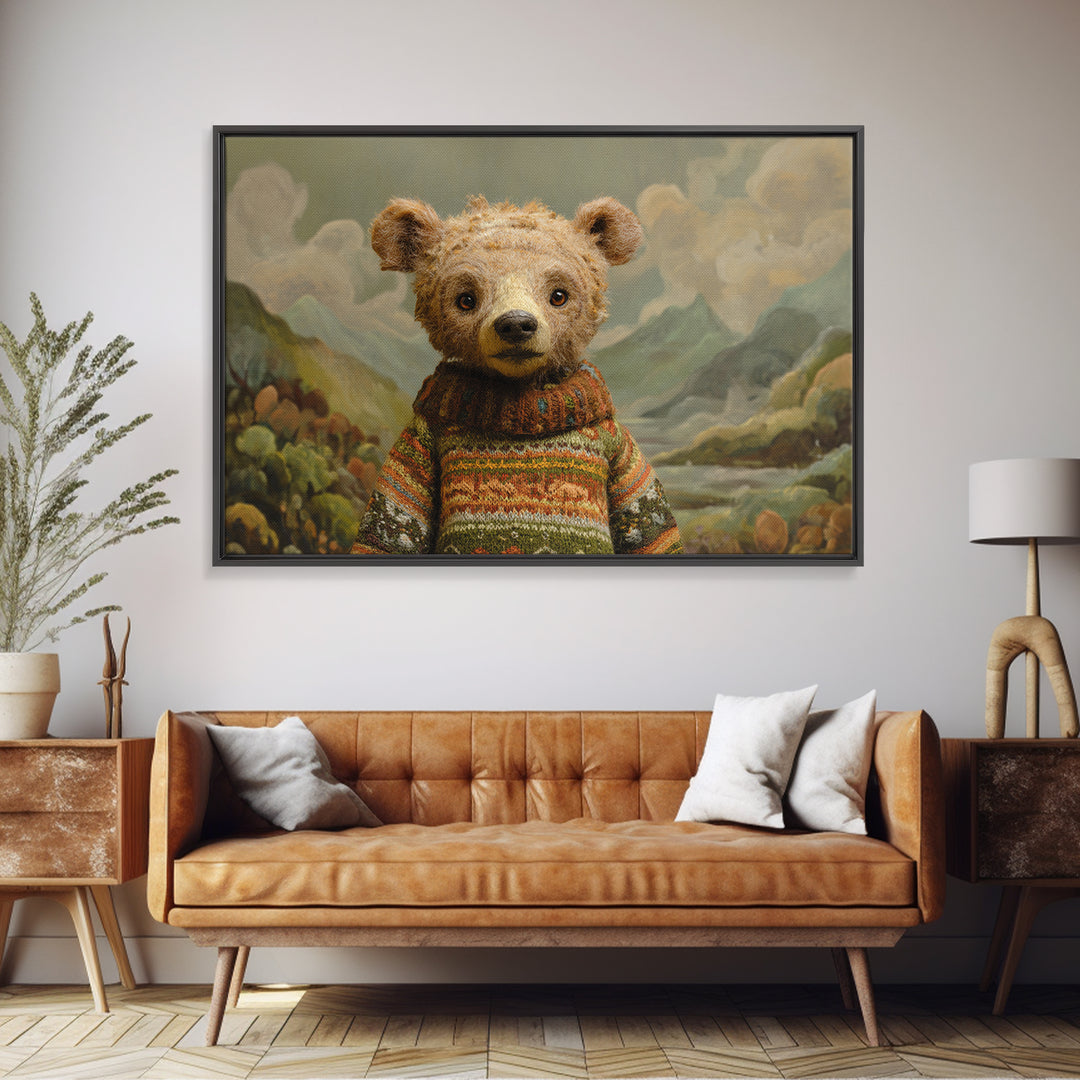 Whimsical Bear in a Patterned Sweater with Canvas Print, Animal Art, Digital Print, Living Room Decor, Fine Art, Creature, ANI-3x2-54