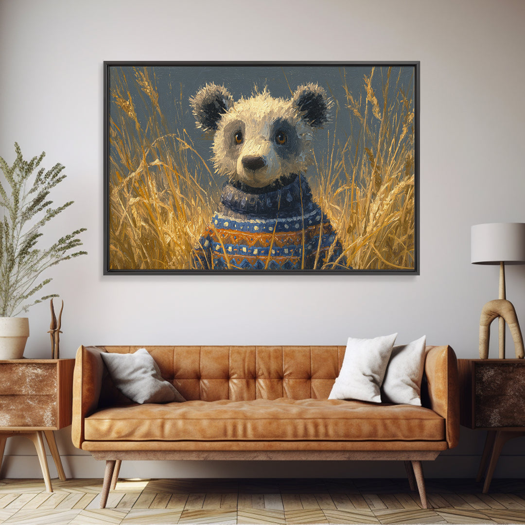 Whimsical Bear in a Patterned Sweater with Framed Canvas Print, Animal Art, Oil Painting, Living Room Decor, Fine Art, Creature, ANI-3x2-6