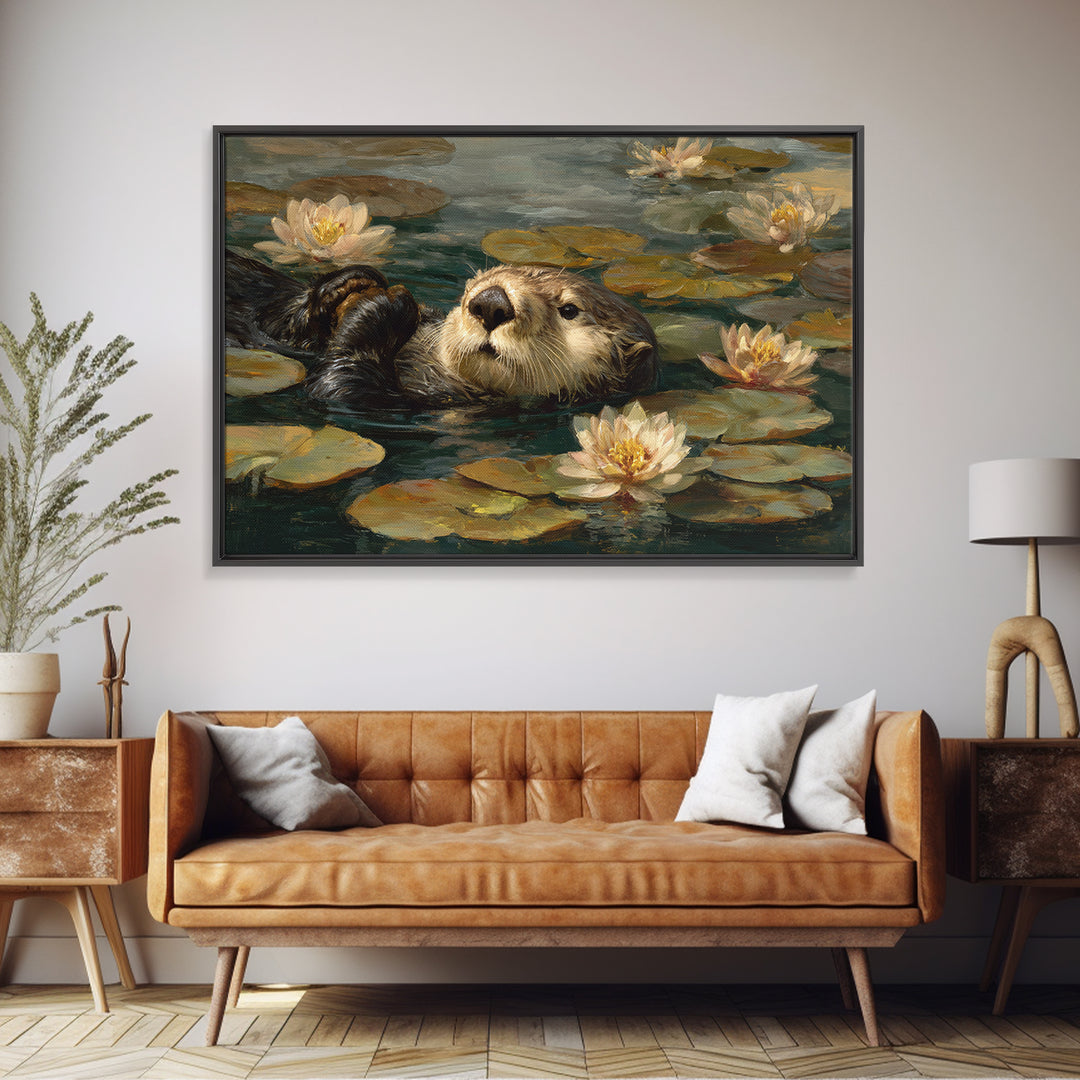Playful Otter Floating Among Lily Pads Framed Canvas Print, Animal Art, Downloadable Art, Living Room Decor, Fine Art, Creature, ANI-3x2-60