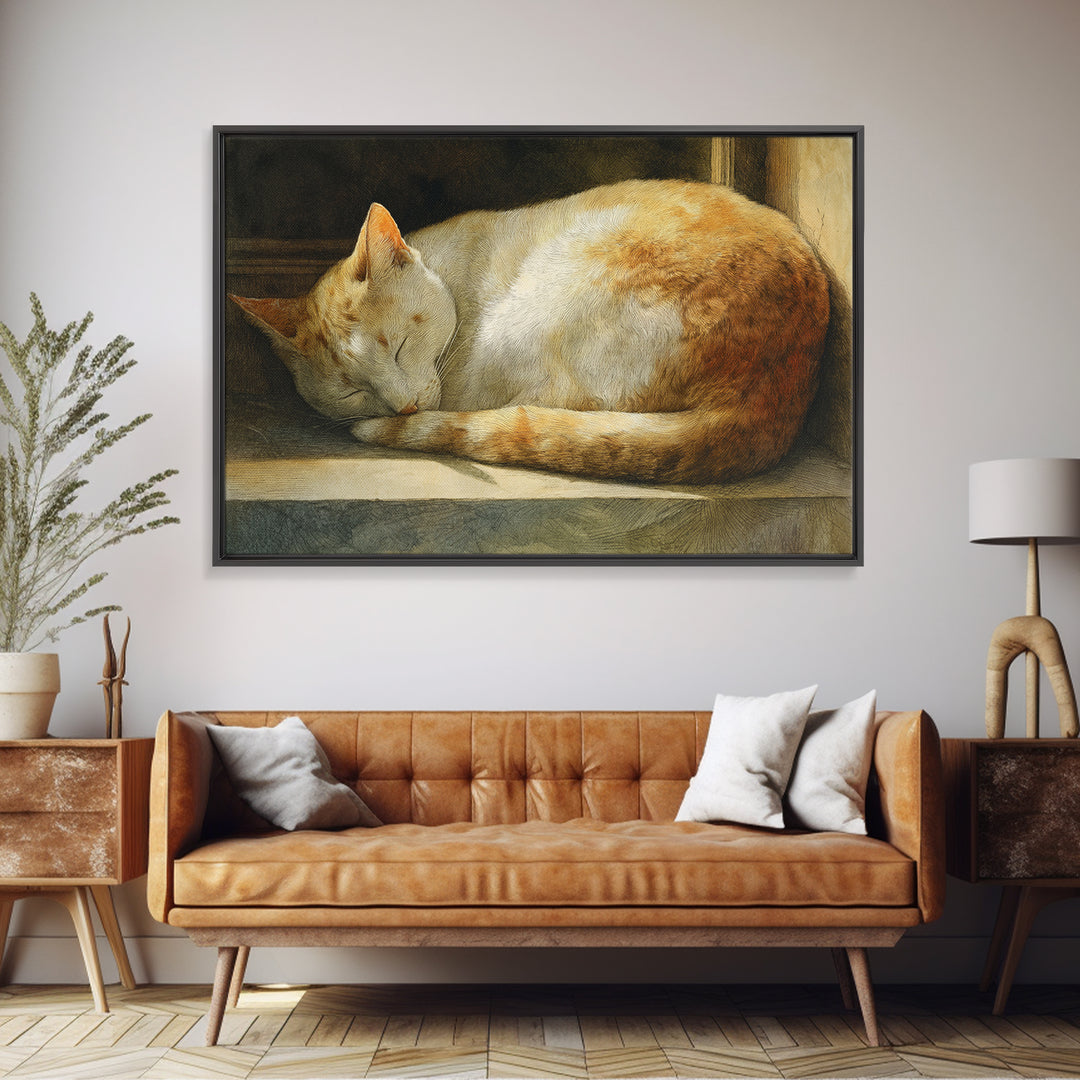 Sleeping Cat Curled Framed Canvas Print, Animal Art, Gallery Decor, Living Room Decor, Abstract Art, Creature, Contemporary Art, ANI-3x2-64