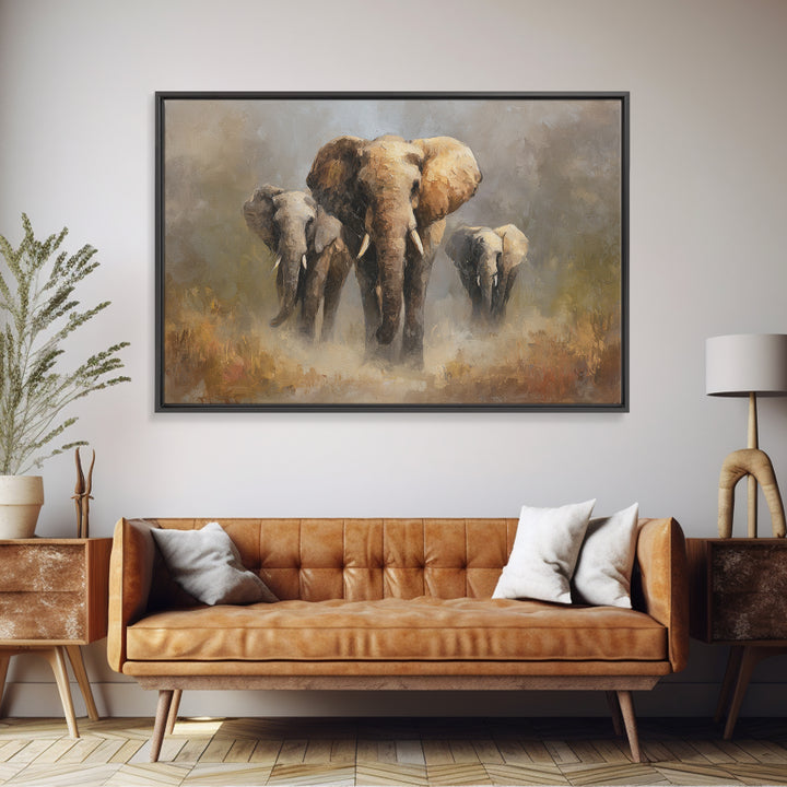 Elephant Family Walking Through Dusty Golden Light Canvas Print, Animal Art, Art Deco, Living Room Decor, Fine Art, Creature, ANI-3x2-66