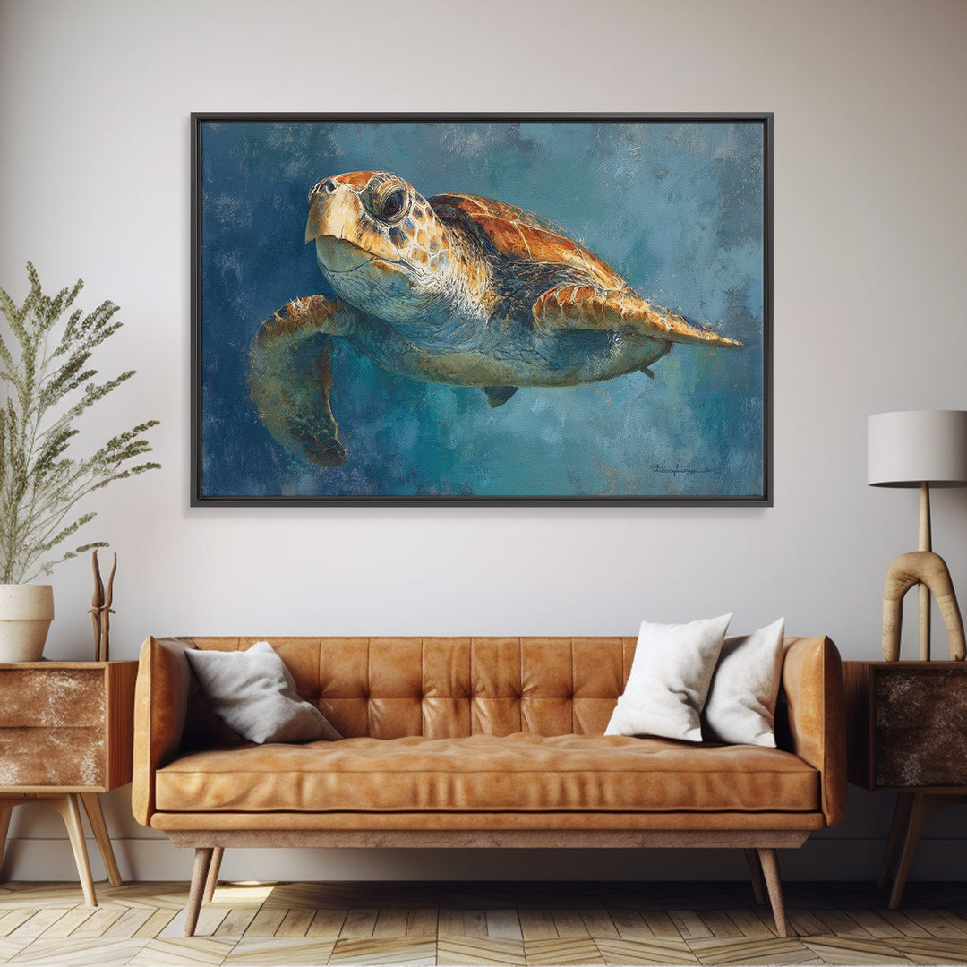Sea Turtle Drifting Through Luminous Blue Water Framed Canvas Print, Animal Art, Original Art, Living Room Decor, Creature, ANI-3x2-70