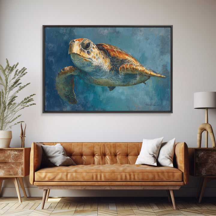 Sea Turtle Drifting Through Luminous Blue Water Framed Canvas Print, Animal Art, Original Art, Living Room Decor, Creature, ANI-3x2-70