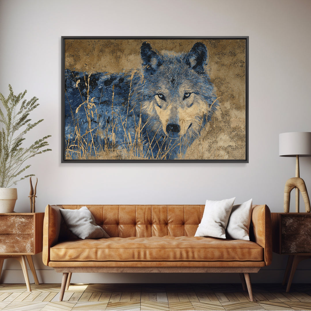 Wolf Silhouette Beneath a Star Filled Sky Framed Canvas Print, Animal Art, Nursery Wall Art, Living Room Decor, Oil Painting, ANI-3x2-74
