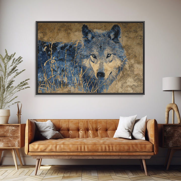 Wolf Silhouette Beneath a Star Filled Sky Framed Canvas Print, Animal Art, Nursery Wall Art, Living Room Decor, Oil Painting, ANI-3x2-74