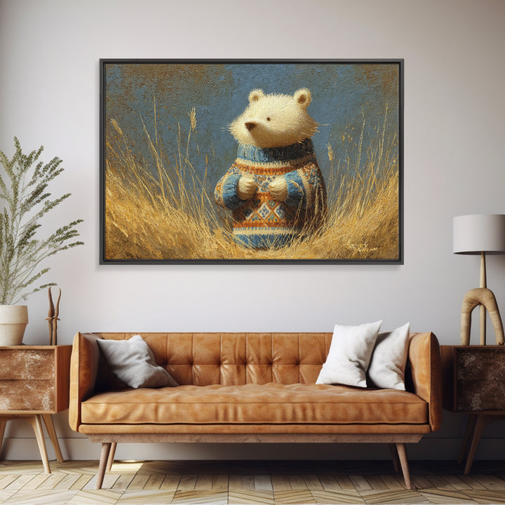 Whimsical Bear in a Patterned Sweater with Framed Canvas Print, Animal Art, Boho Wall Art, Living Room Decor, Creature, ANI-3x2-78