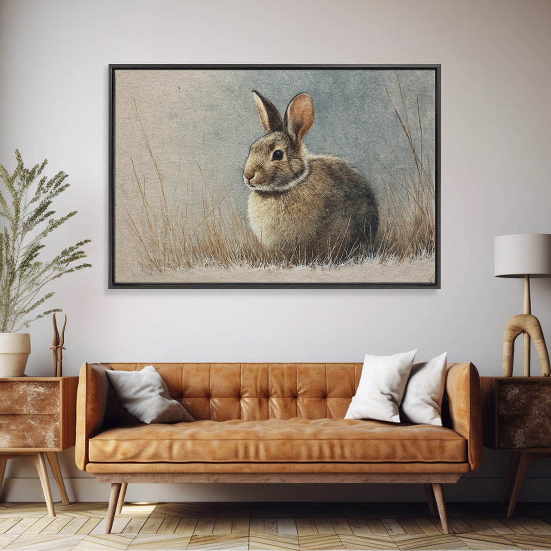 Curious Rabbit in a Soft Watercolor Meadow Framed Canvas Print, Animal Art, Cat Art, Living Room Decor, Fine Art, Creature, ANI-3x2-81