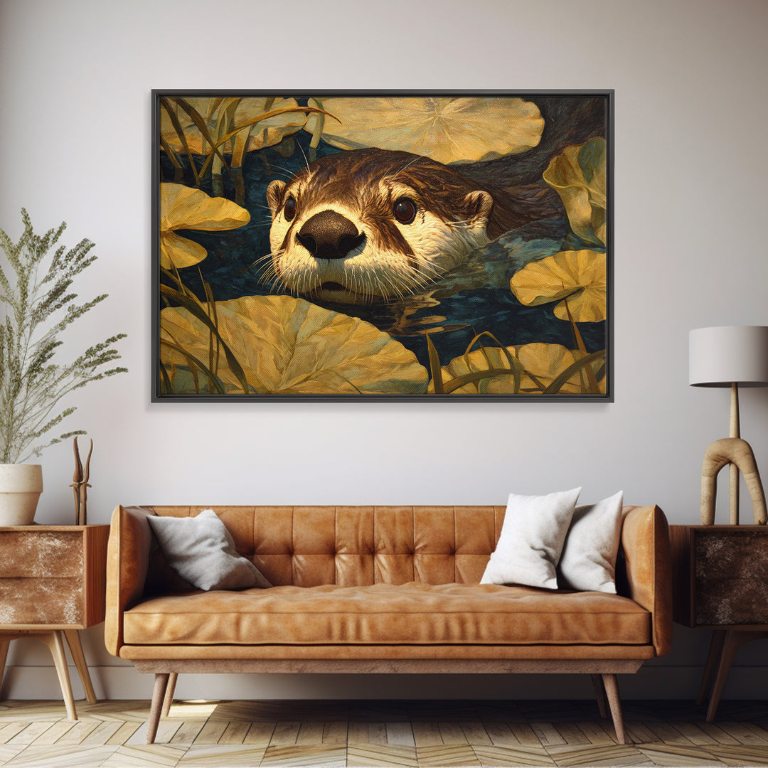 Playful Otter Floating Among Lily Pads Canvas Print, Animal Art, Boho Decor, Living Room Decor, Creature, Digital Prints, ANI-3x2-84