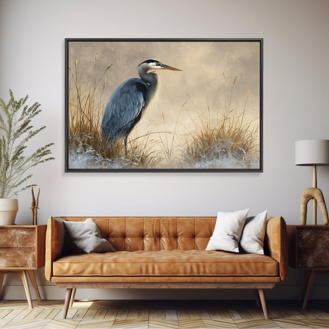 Blue Heron Standing Framed Canvas Print, Animal Art, Fine Art Print, Living Room Decor, Fine Art, Creature, Wall Decor, ANI-3x2-87