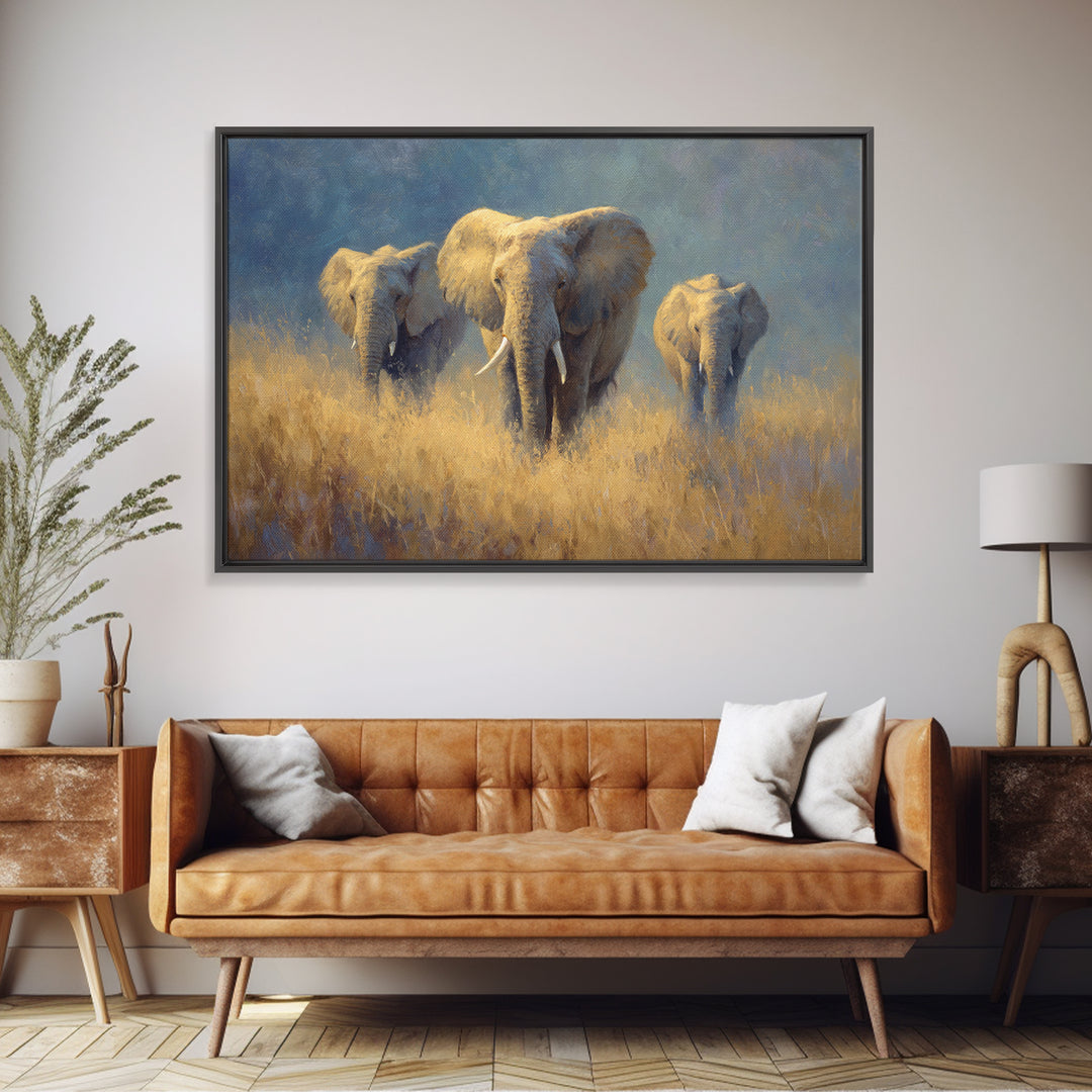 Elephant Family Walking Through Dusty Golden Light Canvas Print, Animal Art, Farmhouse Decor, Living Room Decor, Creature, ANI-3x2-90