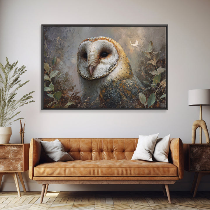 Owl with Moonlit Feathers and Celestial Accents Framed Canvas Print, Animal Art, Art, Living Room Decor, Oil Painting, Creature, ANI-3x2-91