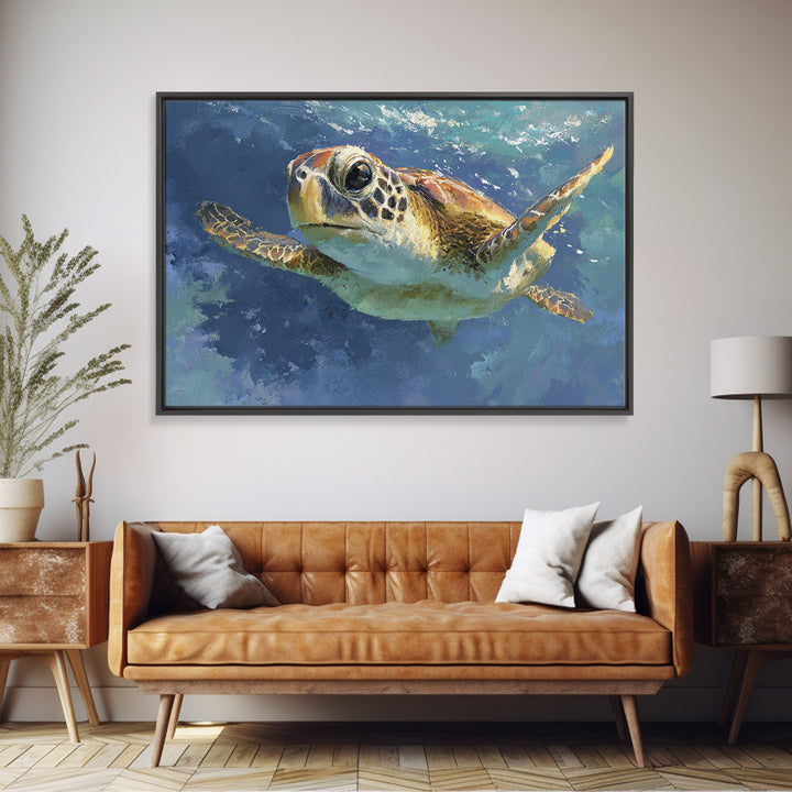 Sea Turtle Drifting Through Luminous Blue Water Canvas Print, Animal Art, Nursery, Living Room Decor, Abstract Art, Creature, ANI-3x2-94