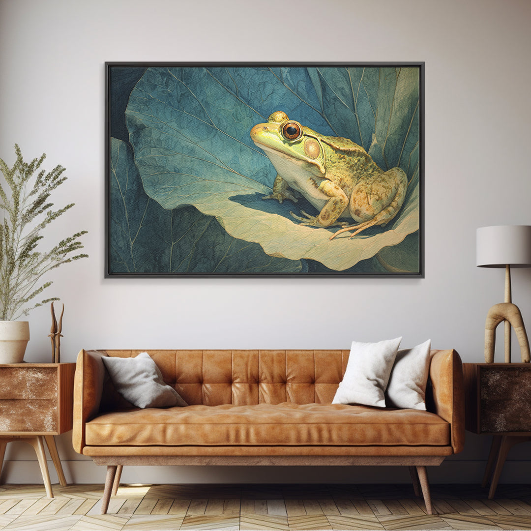 Frog on a Lotus Leaf Framed Canvas Print, Animal Art, Art Print, Living Room Decor, Watercolor Art, Creature, Digital Art, ANI-3x2-96
