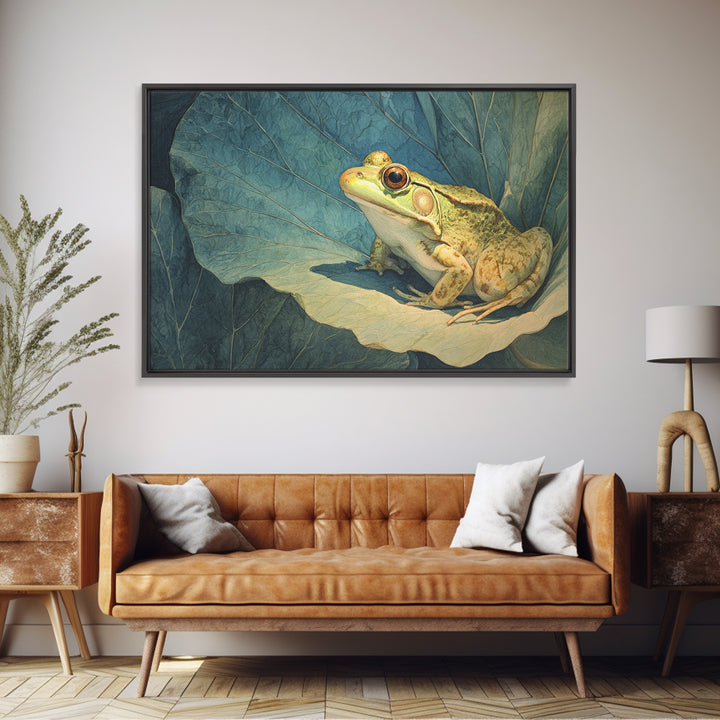 Frog on a Lotus Leaf Framed Canvas Print, Animal Art, Art Print, Living Room Decor, Watercolor Art, Creature, Digital Art, ANI-3x2-96