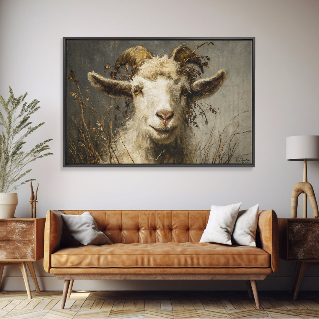Goat Portrait with Rustic Folk Art Personality Framed Canvas Print, Animal Art, Downloadable Art, Living Room Decor, Creature, ANI-3x2-97