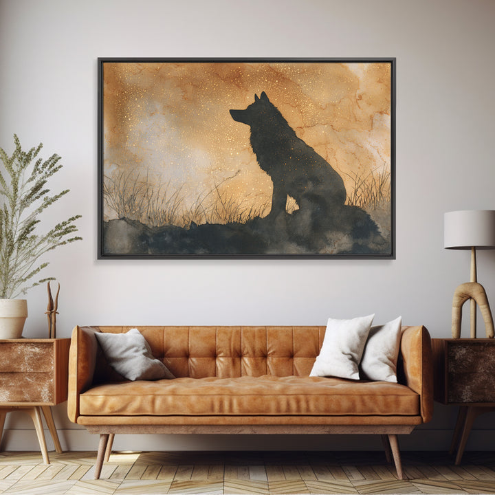 Wolf Silhouette Beneath a Star Filled Sky Canvas Print, Animal Art, Living Room Decor, Fine Art, Creature, Fine Art Print, ANI-3x2-98