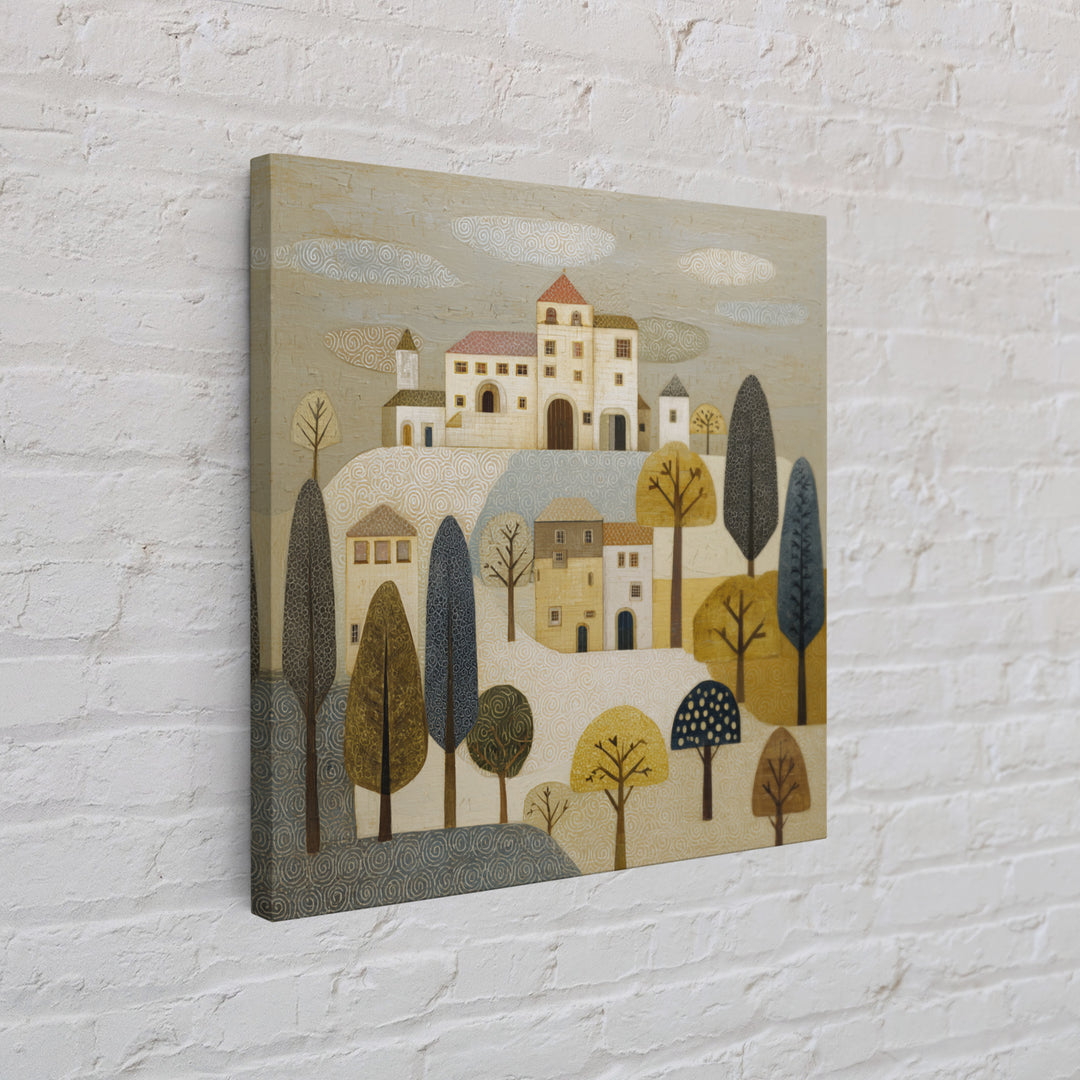 Naive Folk Art Village Framed Canvas Print, Art, Wood Wall Art, Living Room Decor, Fine Art, Modern Decor, Fine Art Print, ART-1x1-68