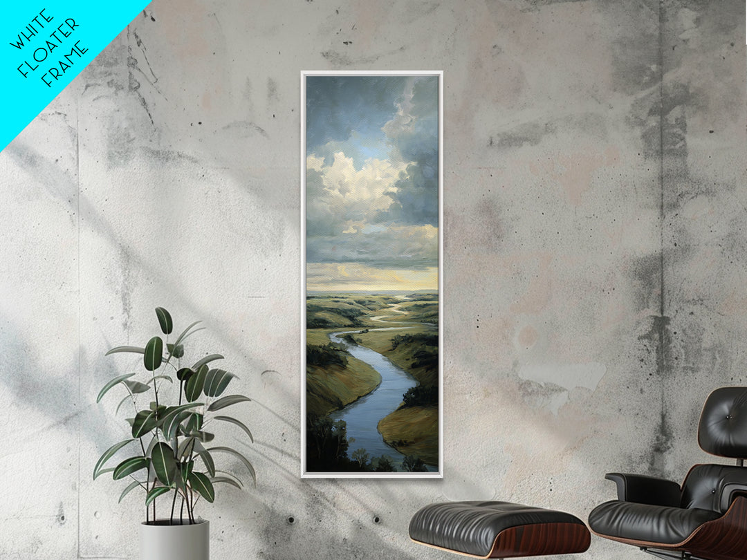 Classic Landscape with Winding River and Atmospheric Framed Canvas Print, Art, Art Nouveau, Living Room Decor, Watercolor Art, ART-1x3-87